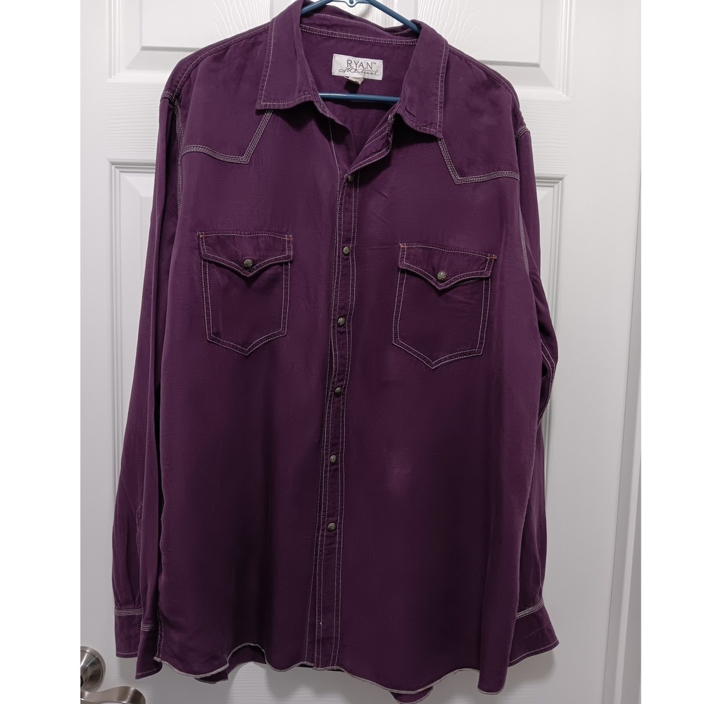 Ryan Michael Mens XL Purple Silk Linen Western Snap Shirt Star Embroidery